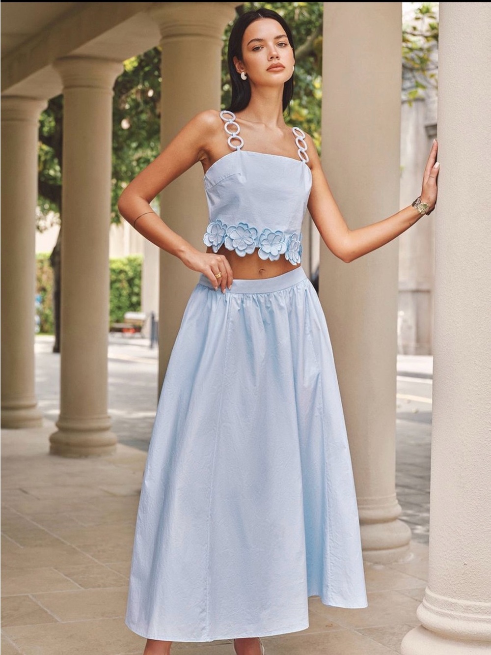 Commense Light Blue 3D Flower Ring Strap Top & Pocketed Skirt Set